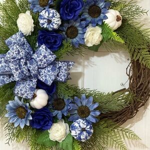 Blue and White Floral Wreath
